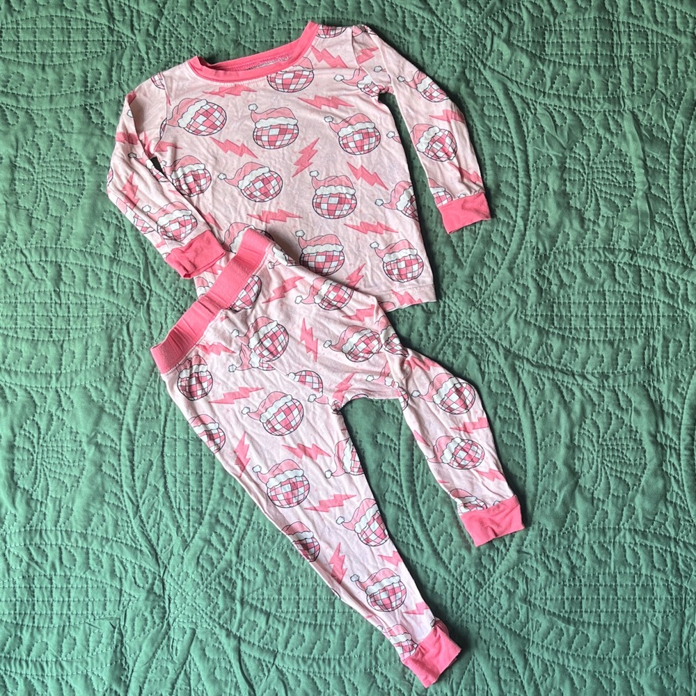 Adorable Bamboo Pink Kids Pajama Set with Christmas disco ball Pattern